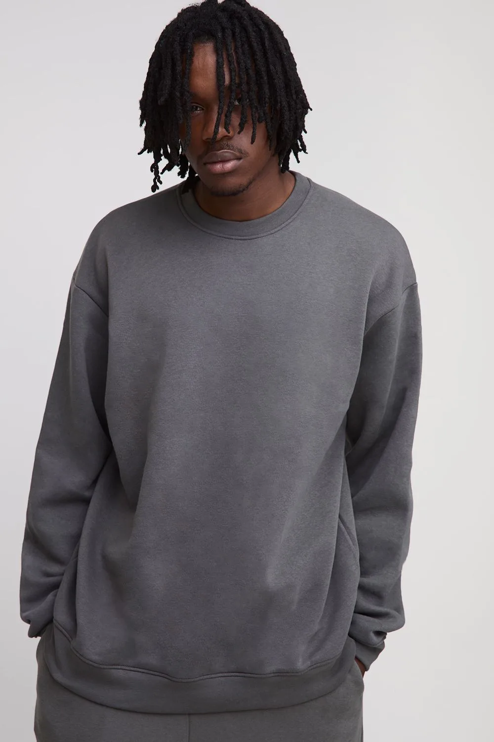 Mens Tall Basic Oversized Crew Neck Sweatshirt - Charcoal Cotton - Size Small - boohooMAN - FashionsVida