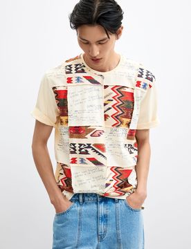 Camiseta estampado étnico, Hombre, Algodon, Blanco, S