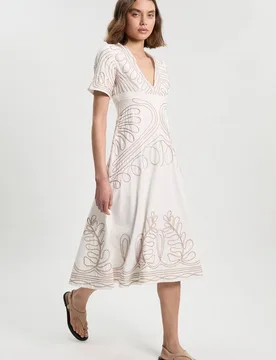 Cotton Linen Cornelli Embroidery Open Back Woven Midi Dress - Ivory - Size: 6 - Karen millen - FashionsVida