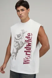 Mens White Oversized Western Print Tank Cotton - Size Medium