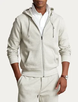 Felpa Polo grigio chiaro in interlock di cotone con cappuccio e chiusura zip - Ralph Lauren - FashionsVida
