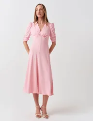 Crepe V-Neck Midi Tea Dress Pink female