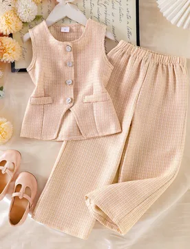 Conjunto de 2 piezas para niña joven con chaleco de cuello redondo y abotonado simple y pantalones de pierna recta, elegante para el verano - Shein - FashionsVida