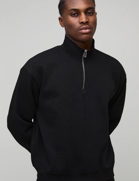 Herren Basic Oversized Boxy Viertelreißverschluss Stehkragen Sweatshirt Black Größe Large