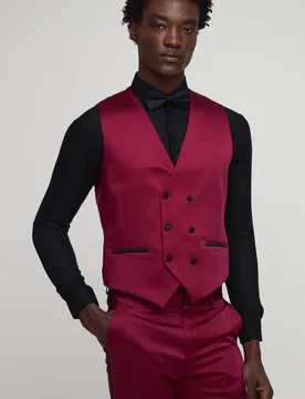Men's Slim Fit Satin Waistcoat Burgundy Size 40 Burgundy 40 - boohooMAN - FashionsVida