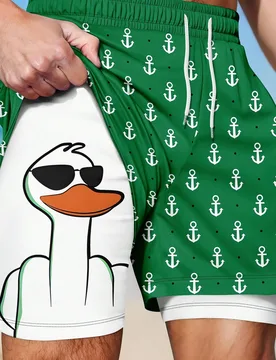 Pantalones cortos de playa con cordón en la cintura, de doble capa y estampado de pato de dibujos animados, transpirables para hombres - Shein - FashionsVida
