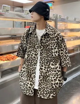 American Leopard Print Short Sleeved Shirt Men Summer Fashion Half Sleeved Lapel Collar T-Shirts Hiphop Loose Thin Handsome Top - Aliexpress - FashionsVida