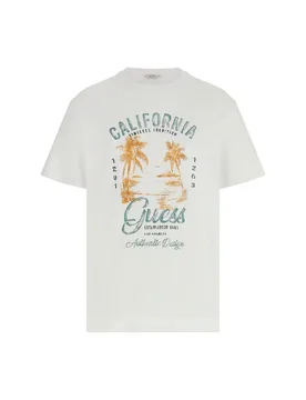 T-shirt mezza manica bianca in cotone fiammato con stampa logo grafica - Guess - FashionsVida
