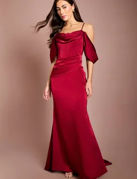Women's Cowl Neck Corset Drape Satin Maxi Dress in Red Size: 12 - Red - Size: 12 - Coast - FashionsVida