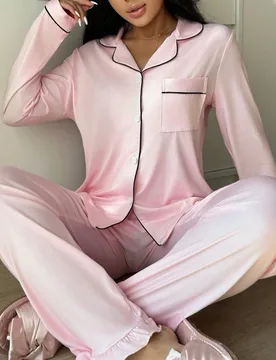 Conjunto de pijama de top de manga larga con cuello de solapa y pantalones de mujer, casual, de abotonadura sencilla. Ropa de otoño e invierno cómod - Shein - FashionsVida