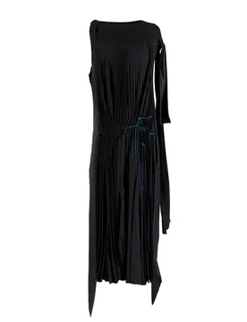 Black Pleated Asymmetric Contrast Stitch Maxi Dress - Loewe - FashionsVida