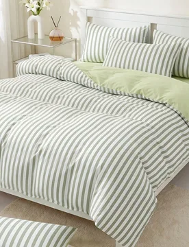 Juego de Funda Nórdica de 2/3 Piezas, Textiles para el Hogar, Estilo Minimalista, Rayas Verdes y Blancas, Juego de Ropa de Cama Cómodo y Transpirabl - Shein - FashionsVida