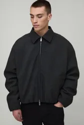 Mens Boxy Fit Textured Pu Zebra Elasticated Hem Harrington Jacket - Black - Size X-Large