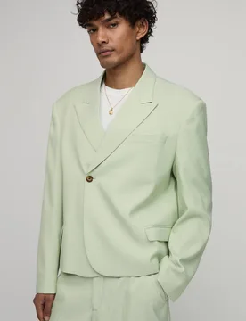 Men's Herringbone Oversized Boxy Single Breasted Blazer Sage Size 40 Sage 40 - boohooMAN - FashionsVida