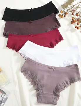 Set de 5 piezas de bragas de mujer con parches de encaje, cómodas y transpirables, con decoración de moño, ropa interior suave y elástica de uso c - Shein - FashionsVida