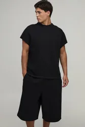 Men's Oversized Boxy Loopback Cap Sleeve T-Shirt and Jorts Set Black Size Large Black L