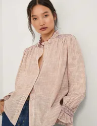 Pure Cotton Striped Frill Neck Shirt Camel female