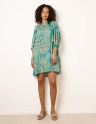 Diamante Tunic Dress With Puff Sleeve - S/M / AQUA - female