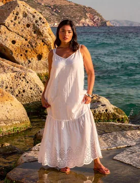 Linen Blend Broderie Maxi Swing Dress White female - Live Unlimited London - FashionsVida