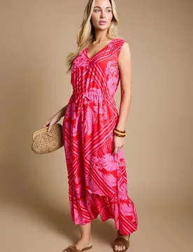 Women's Pink Tropical Sleeveless Drawstring Waist Tiered Maxi Dress Size: 10 - Pink - Size: 10 - Dorothy perkins - FashionsVida