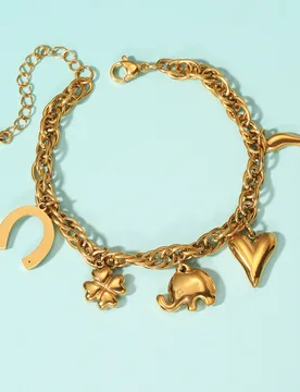 Golden Tone Stainless Steel Cuban Chain Charm Bracelet with Elephant Clover and Heart Pendants for Women - Aliexpress - FashionsVida