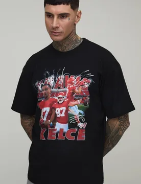 Herren Tall Oversized NFLPA Travis Kelce Lizenz Bedrucktes T-Shirt Black Größe Medium - boohooMAN - FashionsVida
