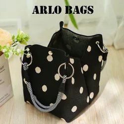 Bolso de lona con lunares, estilo elegante de bolso cubo, bolso de lona multifuncional, asa tejida única, adecuado para uso diario, estilo callejero