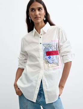 Camisa Bolsillo Estampado 100% Algodón, Mujer, Algodon, Blanco, XS