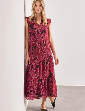 Maxi-Kleid aus Chiffon mit Print female Rot