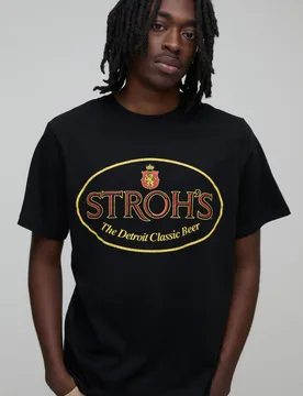 Men's Regular Stroh's Beer License Print T-Shirt Black Size X-Small Black XS - boohooMAN - FashionsVida
