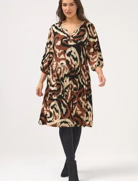 Women's Abstract Notch Neck Dress in Brown Size: 18 - Brown - Size: 18 - Yours - FashionsVida