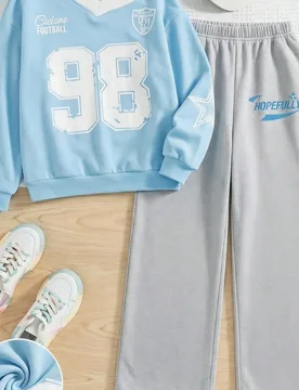 Set de 2 piezas Conjunto deportivo de estilo casual y de moda para niñas con top de manga larga holgado con cuello en V con estampado numérico y de - Shein - FashionsVida