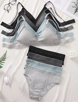 CONJUNTOS Sujetador deportivo y pantys básicos de unicolor acanalado, casuales, inalámbricos y transpirables, conjunto de ropa interior para mujer