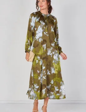 Women's Khaki Watercolour Floral Luxury Satin Maxi Dress Size: Small - Khaki - Size: S - LOVE SUNSHINE - FashionsVida
