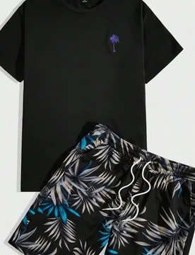 Conjunto de camiseta y pantalones cortos con estampado tropical casual para hombre, atuendos cómodos para vacaciones, ropa de playa para regalo de es - Shein - FashionsVida