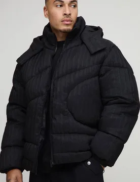 Men's Oversized Fit Textured Hooded Puffer Jacket Black Size Small Black S - boohooMAN - FashionsVida