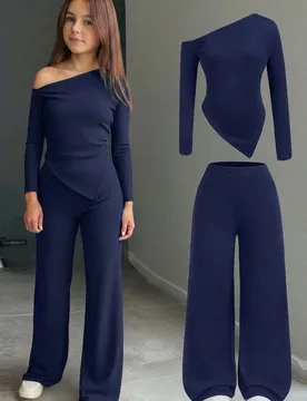 Conjunto casual de 2 piezas para niña preadolescente con camiseta de cuello asimétrico de punto y pantalones de pierna ancha, adecuado para otoño/i - Shein - FashionsVida