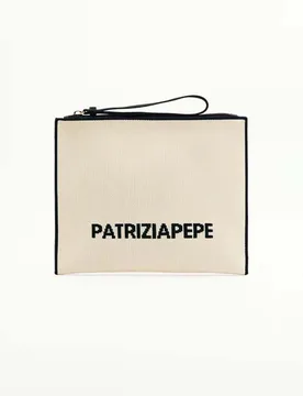 Busta in tessuto color panna con lettering logo e dettagli in similpelle neri - Patrizia pepe - FashionsVida