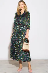Women's Emerald Leopard Print Satin Maxi Shirt Dress in Green Size: 16 - Green - Size: 16