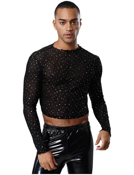 Men Sexy See Through T-shirt Long Sleeve Ruffled Trim Pullover Crop Top Sequins Navel Exposes Tops for Club Party Dance Tops - Aliexpress - FashionsVida