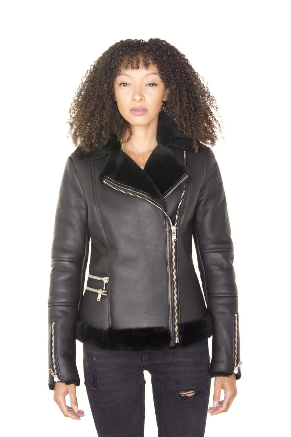 Women's Shearling Sheepskin Aviator Jacket-Patchway in Black Size: 12 - Black - Size: 12 - Infinity Leather - FashionsVida