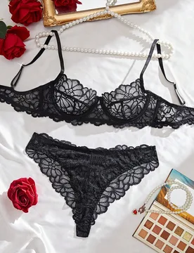 Conjunto de 2 piezas de lencería sexy para mujer, Conjunto de sujetador de encaje floral negro con tirantes ajustables, Sujetador sexy, Regalo para e - Shein - FashionsVida