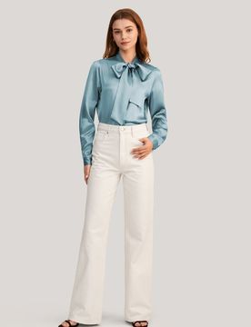 Donna Camicetta Setosa Papillon Elegante Charmeuse Blu Foschia Taglia M