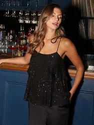 Spring and Summer Women's Sexy Glitter V-neck Strap Top Women's Fashion Simple and Versatile Short Casual Loose Tops
