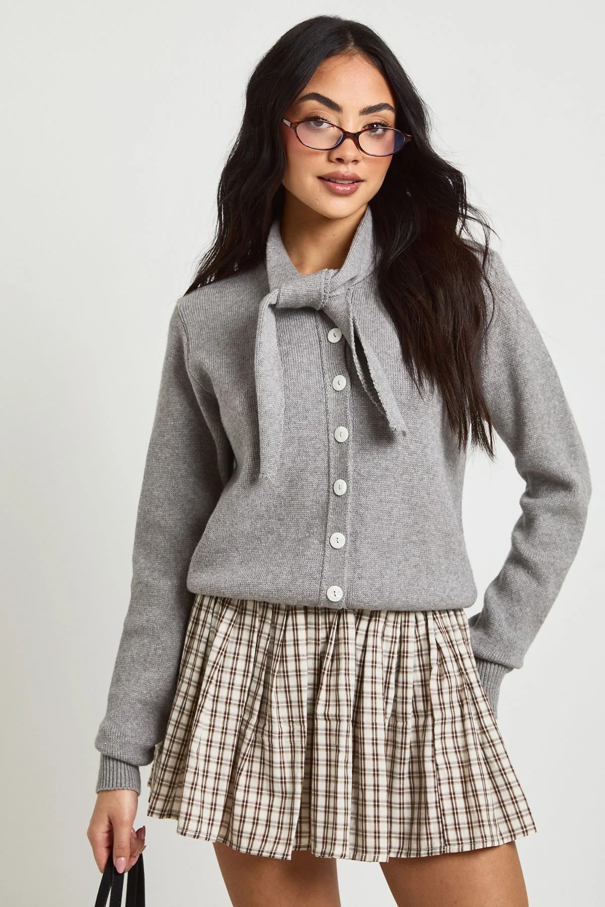 Womens Tie Neck Button Through Cardigan - Grey Viscose - Size Large - Boohoo - FashionsVida