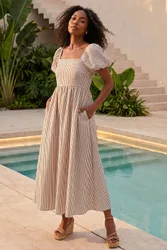 Stripe Puff Sleeve Midi Dress - Chocolate - Size: 20