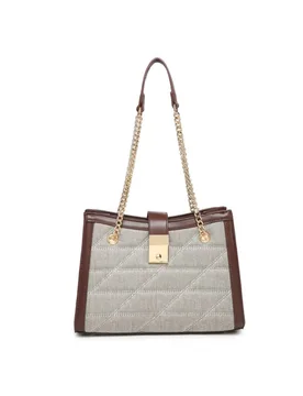 Golden Chain Handle Flap Lock Tote Bag - Tan - Size: One Size - JFY - FashionsVida