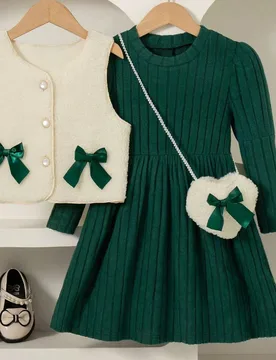Piezas Conjunto de ropa casual para niñas - Blusa sin mangas con decoración de moño y vestido de manga larga hasta la rodilla, Conjunto de moda par - Shein - FashionsVida