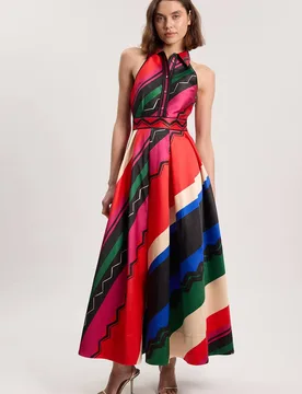 Women's Petite Abstract Print Twill Contrast Collared Woven Maxi Dress Size: 12 - Multicolor - Size: 12 - Karen millen - FashionsVida