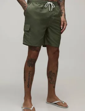 Men's Constrast Stitch Cargo Pocket Mid Length Swim Short Khaki Size X-Large Khaki XL - boohooMAN - FashionsVida